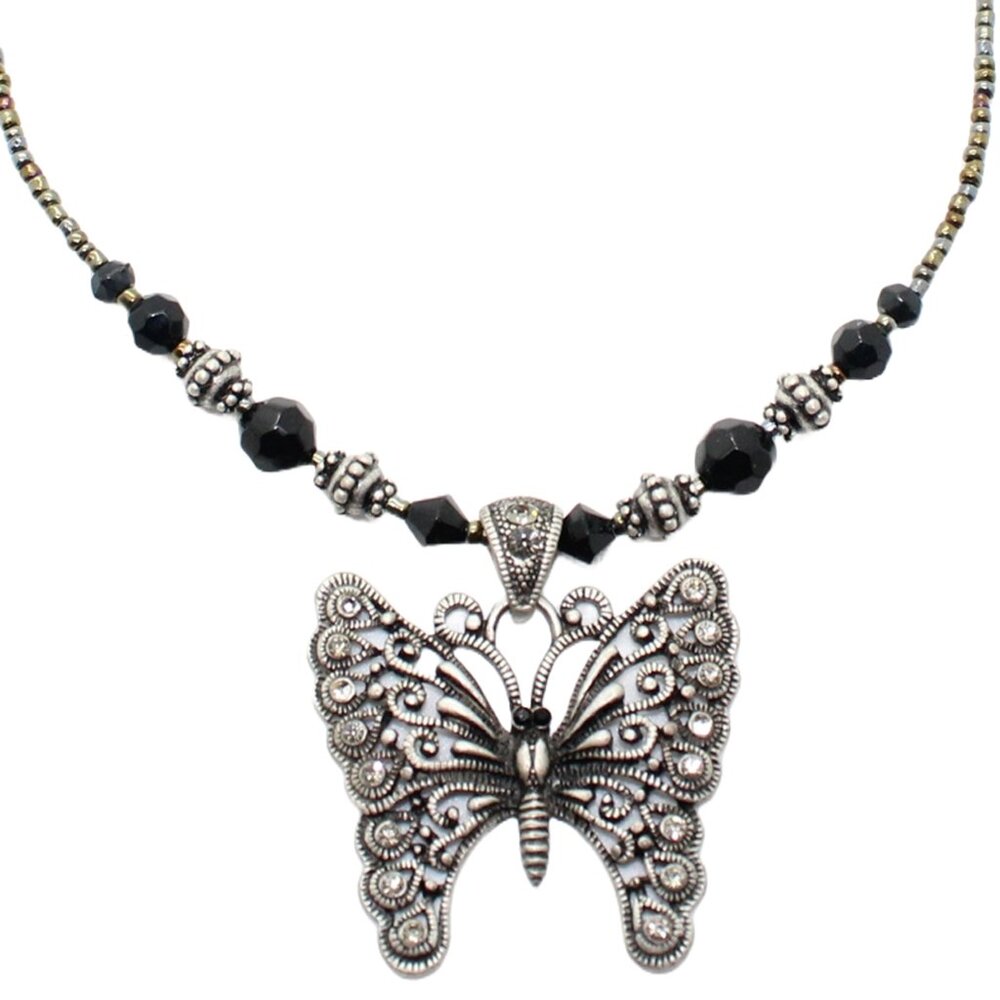 LIA SOPHIA Silver Black Jeweled Butterfly Pendant Necklace Jewellery - 16" - Picture 2 of 2